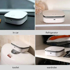 Four use case views of an air sanitizing machine: in a car, inside a refrigerator, on a toilet tank, and in a wardrobe