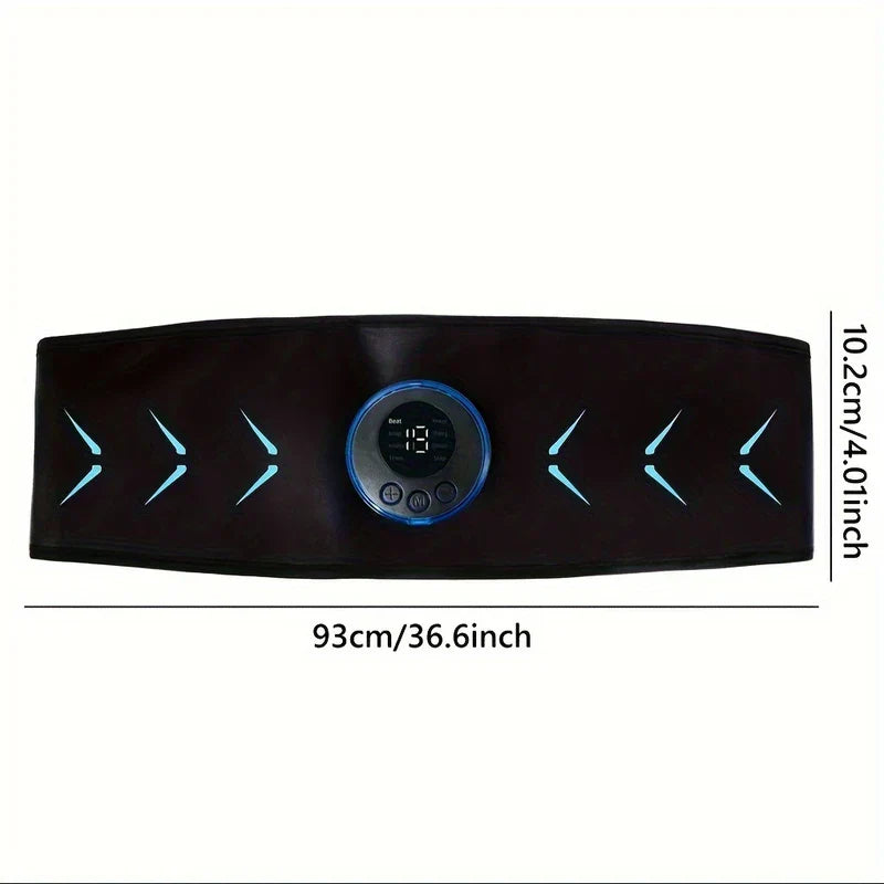 Black flex belt abdominal muscle toner with blue accents and control module, showing 93cm x 10.2cm dimensions