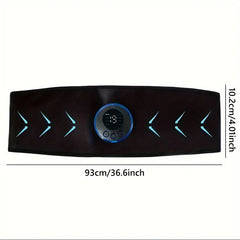 Black flex belt abdominal muscle toner with blue accents and control module, showing 93cm x 10.2cm dimensions
