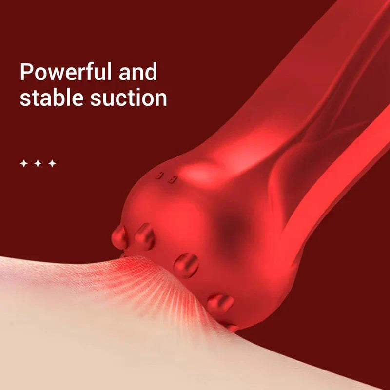 Close-up of a cupping therapy massager head with raised nodules against skin, on dark red background with text "Powerful and stable suction".