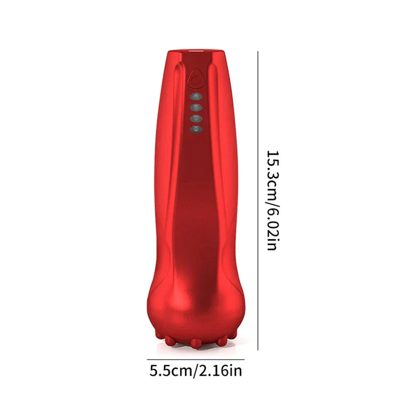 schröpfmassagegerät - Rotes Schröpfmassagegerät mit Bedientasten, dargestellt mit 15,3 cm Höhe und 5,5 cm Breite