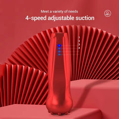 Red cupping therapy massager with 4 blue indicator lights, labeled to show 4-speed adjustable suction levels