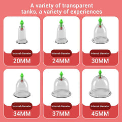 Six clear cupping therapy massager tanks in varied sizes, labeled with internal diameters from 20MM to 45MM