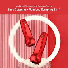 Two red cupping therapy massager devices are displayed against a red background with a white circular accent.