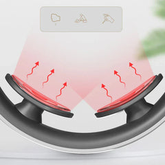 nackenmassagegerät für die halswirbelsäule - Nahaufnahme der zwei Elektrodenpads eines Nackenmassagegeräts für die Halswirbelsäule, die Wärmestrahlung und drei Massagemodus-Symbole darüber zeigen