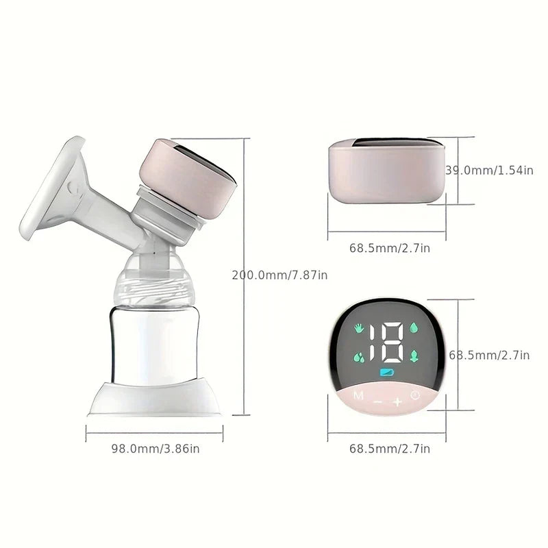 Size diagram of an electric breast pump with millimeter and inch measurements for the full unit and control component