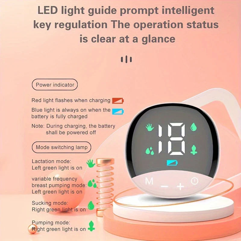 لوحة تحكم مضخة ثدي كهربائية مع شاشة LED، توضح مؤشر الطاقة وأيقونات إضاءة للتبديل بين أربعة أوضاع بجانب الأزرار.