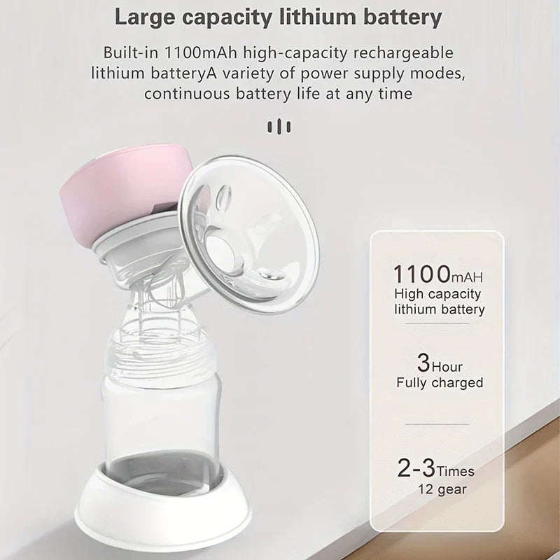 Pink and clear electric breast pump with 1100mAh large capacity rechargeable lithium battery info displayed