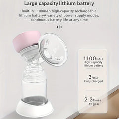 Pink and clear electric breast pump with 1100mAh large capacity rechargeable lithium battery info displayed