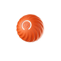 Pelota naranja que rebota para perro con textura arremolinada y gráfico de botón de encendido, sobre fondo blanco liso