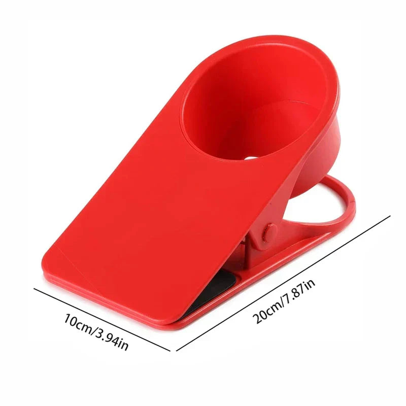 Red clip-on drink holder with dimensions, shown with shoe box storage reference