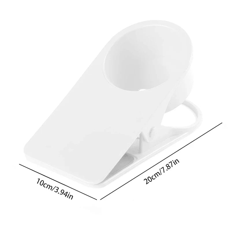 White clip-on beverage holder with measurements, presented with shoe box storage relation