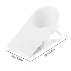White clip-on beverage holder with measurements, presented with shoe box storage relation