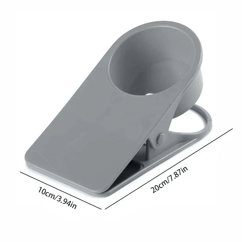 Gray clip-on cup holder with 10cm/3.94in and 20cm/7.87in dimensions shown, shoe box storage