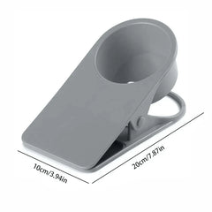 Gray clip-on cup holder with 10cm/3.94in and 20cm/7.87in dimensions shown, shoe box storage