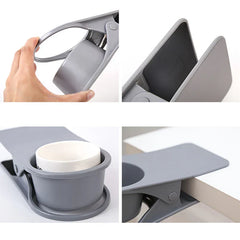Collage de cuatro vistas del sujetador de vasos gris tipo clip que demuestra el uso y diseño de pinza, almacenamiento de caja de zapatos