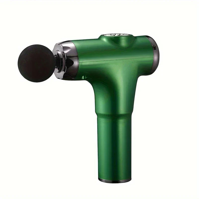 pistola de masaje mini - pistola de masaje mini verde con cabezal de masaje de espuma negra y detalles metálicos plateados sobre fondo blanco