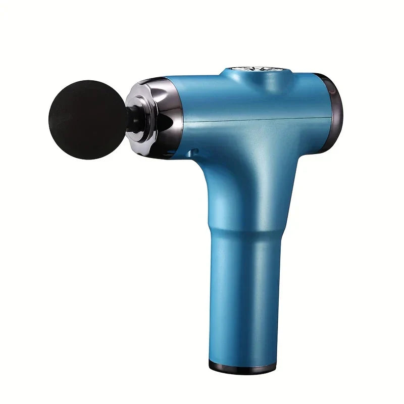 pistola de masaje mini - pistola de masaje mini azul con cabezal de masaje esférico negro y ribete plateado brillante sobre fondo blanco liso