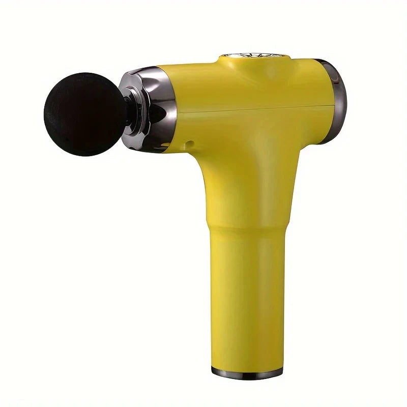 pistola de masaje mini - pistola de masaje mini amarillo brillante con punta de espuma negra y extremos metálicos oscuros sobre fondo blanco