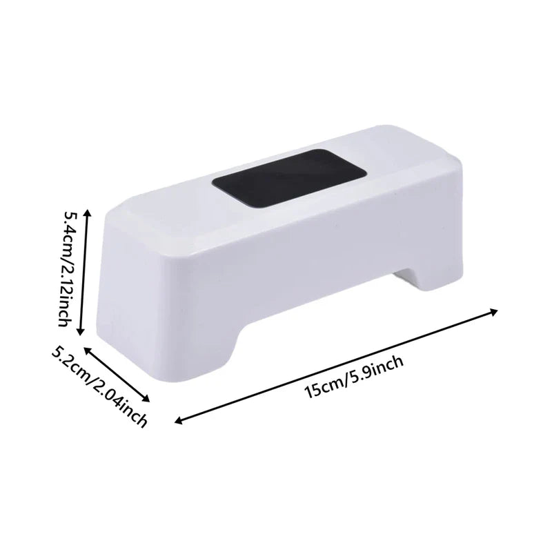 White smart toilet sensor with dimensions: 15cm length, 5.2cm width, 5.4cm height, black top panel