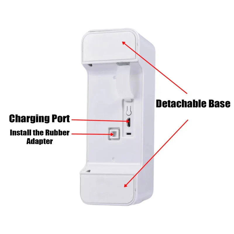 Back view of a smart toilet sensor with labeled detachable base, charging port, and rubber adapter slot