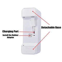 Back view of a smart toilet sensor with labeled detachable base, charging port, and rubber adapter slot