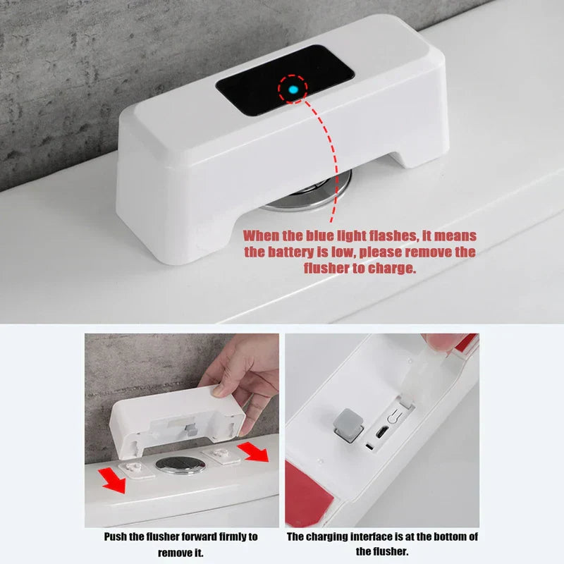 Installed smart toilet sensor on toilet tank, showing low battery indicator and removal/charging steps
