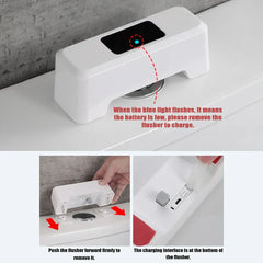 Installed smart toilet sensor on toilet tank, showing low battery indicator and removal/charging steps