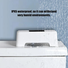 Smart toilet sensor on a toilet tank being sprayed with water, with text stating IPX5 waterproof for humid environments