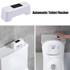 Smart toilet sensor shown alone and mounted on a toilet tank, with a hand waving over the sensor, labeled Automatic Toilet Flusher