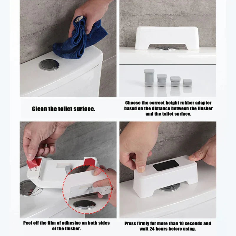 Smart toilet sensor installation steps: cleaning surface, choosing rubber adapter, peeling adhesive film, and pressing firmly