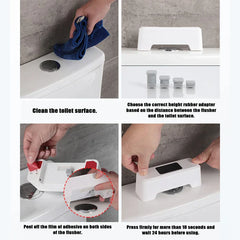 Smart toilet sensor installation steps: cleaning surface, choosing rubber adapter, peeling adhesive film, and pressing firmly