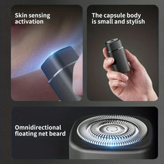 Three-panel graphic showing an electric shaver with skin contact, in hand, and a close-up of its razor head