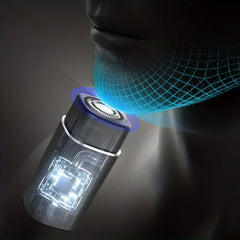 Electric shaver shown with a digital wireframe of a chin, highlighting the shaver's internal chip and blade head.
