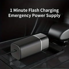 Electric shaver connected to a charging cable in a car cup holder, with text about 1 minute flash charging.