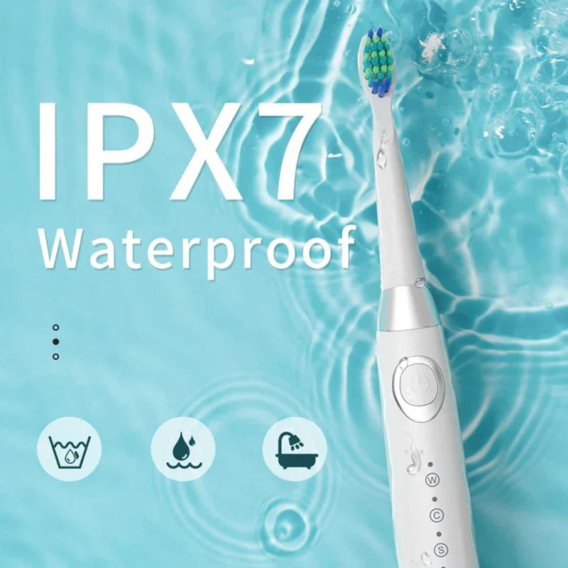 White electric toothbrush with IPX7 Waterproof text on light blue rippled water background