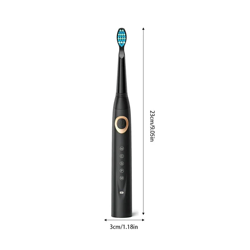 Black electric toothbrush shown with 23cm height and 3cm width dimension labels on white background