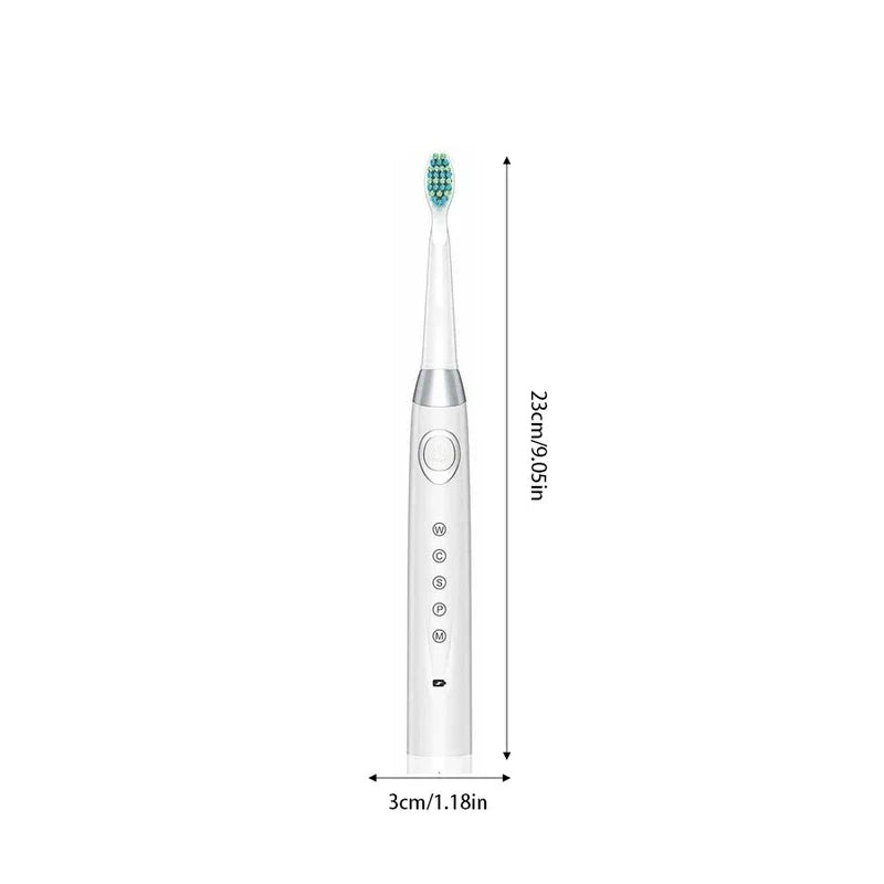 White electric toothbrush displayed with 23cm height and 3cm width measurement labels on white background