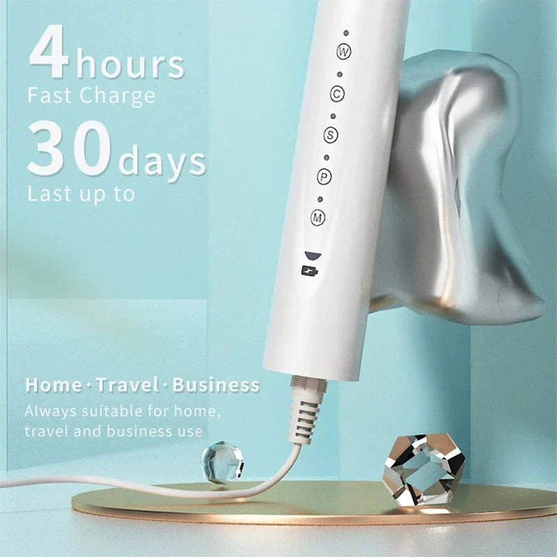 White electric toothbrush being charged, alongside text stating 4-hour fast charge and 30-day battery life