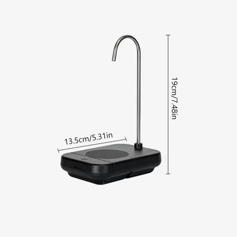 Rechargeable USB water dispenser pump with dimension label, 19cm tall 13.5cm wide