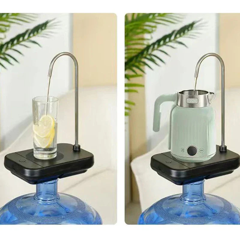 Desk top bottled water dispenser pump filling a glass and a small electric kettle