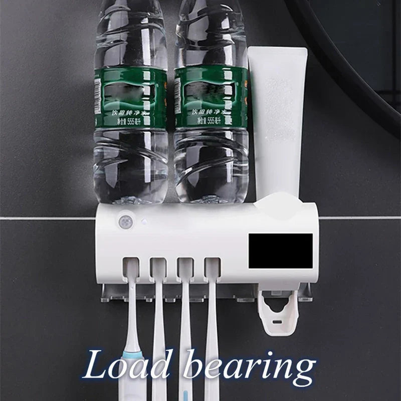 Wall mounted toothbrush holder with strong load bearing, holds water bottles and toothpaste securely.