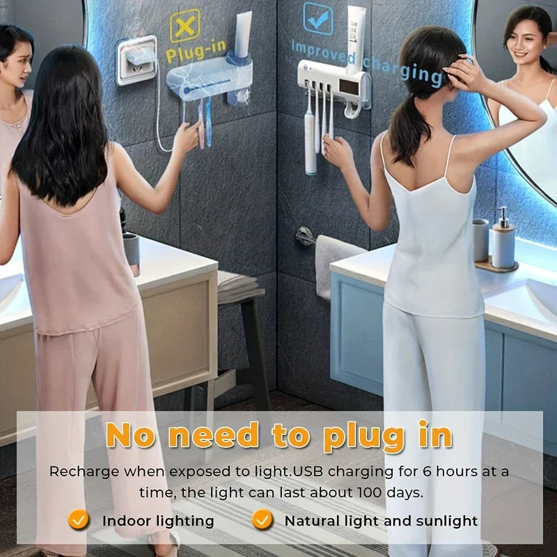 No plug-in solar USB rechargeable UV toothbrush sanitizer holder, safe bathroom wall mount design.