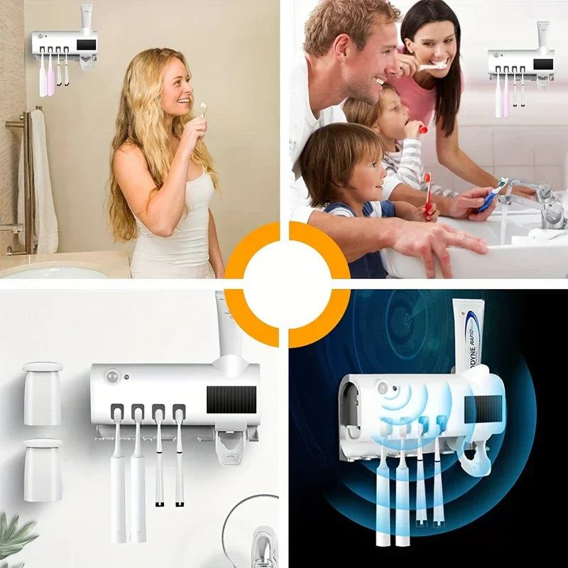 Four-scene collage of uv toothbrush holder sanitizer in bathroom use, with families, hanging toothbrushes, and a sanitization effect illustration.