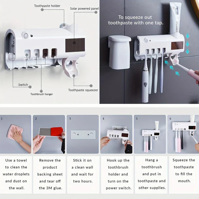 Diagram of uv toothbrush holder sanitizer showing parts and 6-step wall installation instructions, with toothpaste squeezing demo