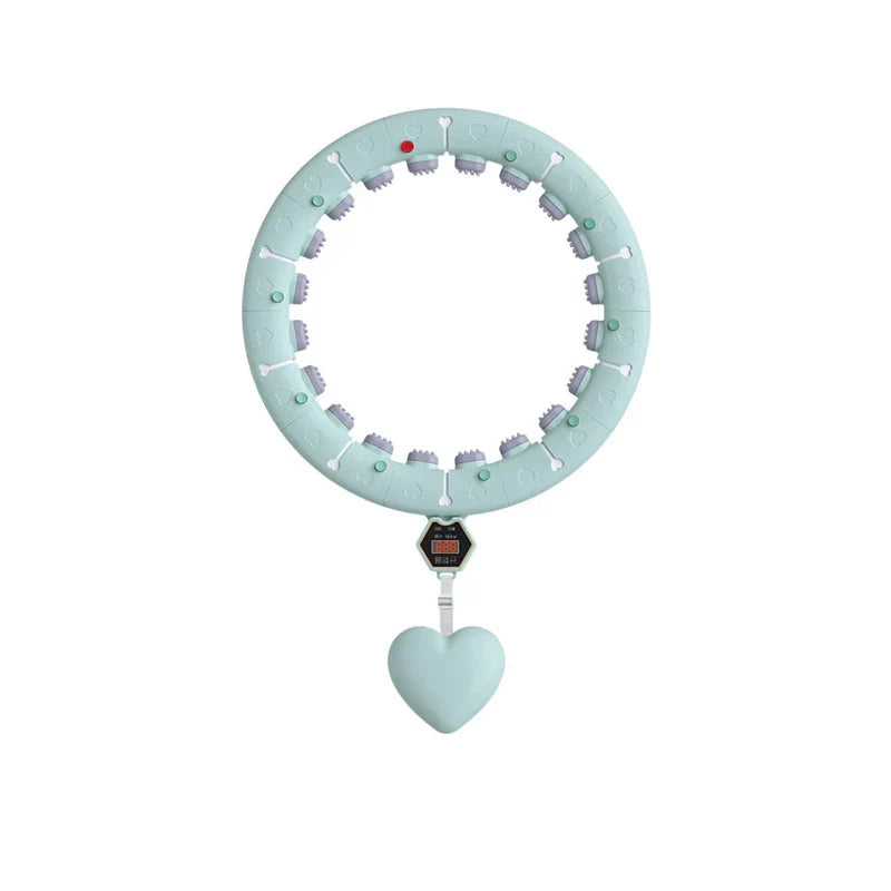 Light blue weighted fitness hula hoop with counter display and heart-shaped pendulum, shown on white background