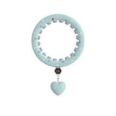 Light blue weighted fitness hula hoop with counter display and heart-shaped pendulum, shown on white background