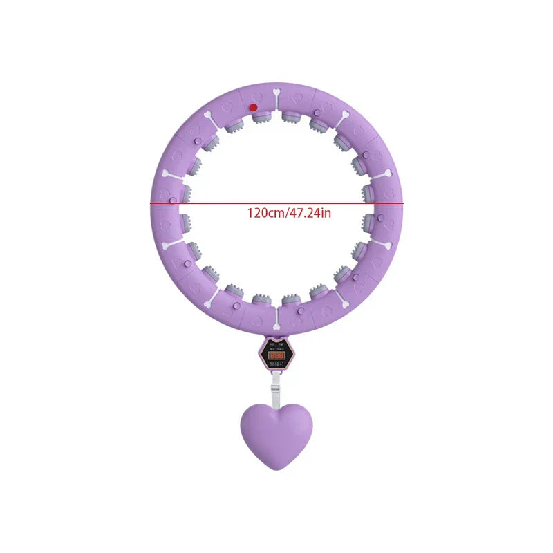 Purple weighted fitness hula hoop showing 120cm/47.24in diameter, heart-shaped counterweight, and digital counter