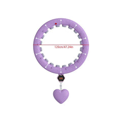 Purple weighted fitness hula hoop showing 120cm/47.24in diameter, heart-shaped counterweight, and digital counter