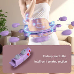 Weighted fitness hula hoop worn on a person’s waist, with close-up of red intelligent sensing section detail
